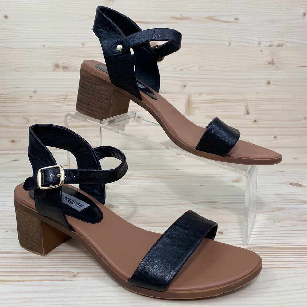 Steve Madden "April" Black Leather Heeled Sandals